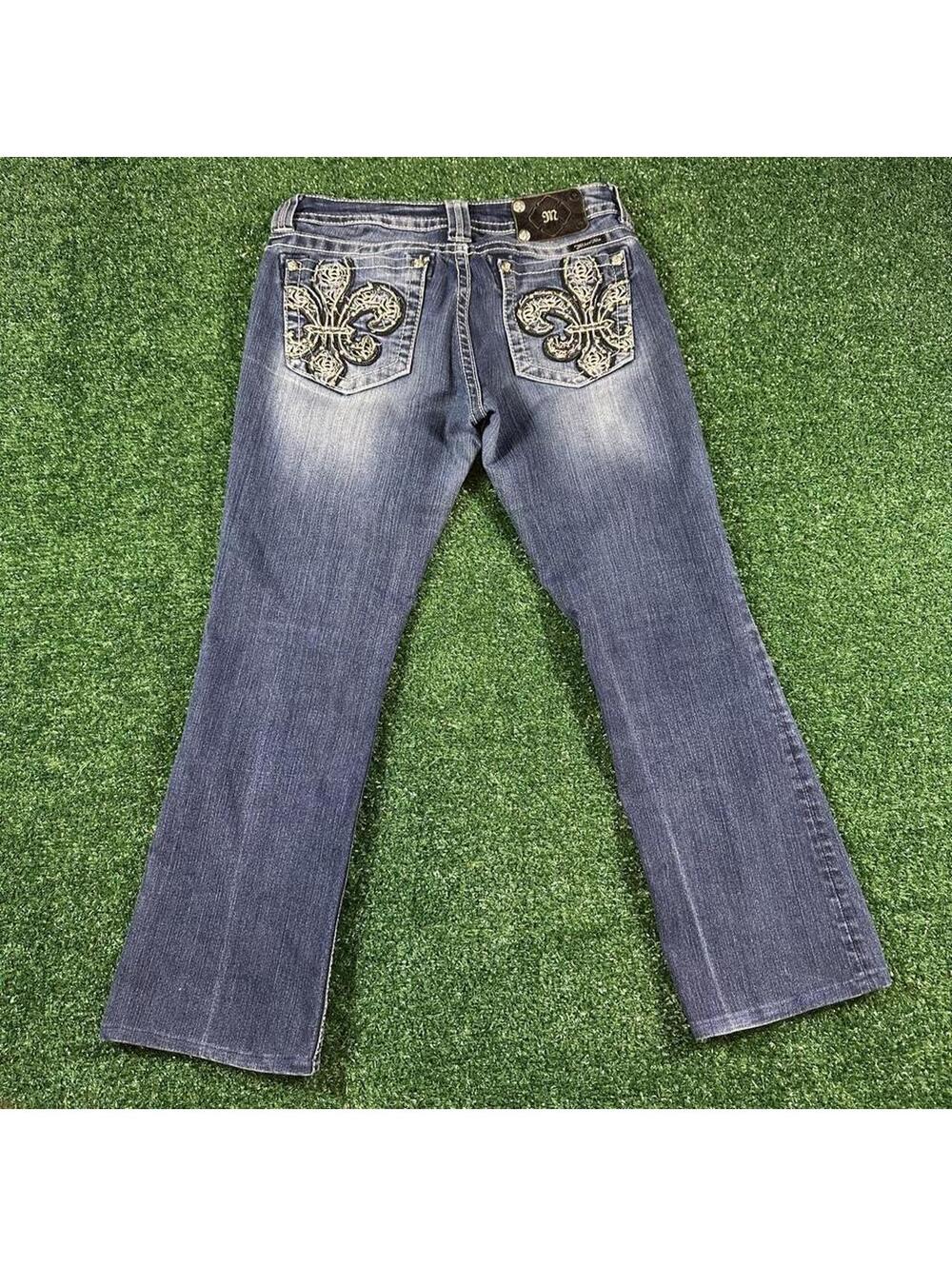 Y2K BKE Miss Me blue low rise bootcut jeans fleur de lis embellished size 30x27